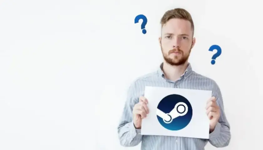 Mężczyzna trzyma kartkę z logo Steam, otoczony znakami zapytania.