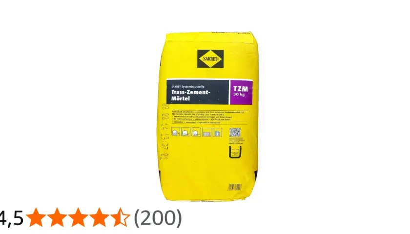 Gelber Sack SAKRET Trass-Zement-Mörtel (30 kg). Trass ist ein vulkanisches Gestein, das dem Mörtel besondere Eigenschaften verleiht.