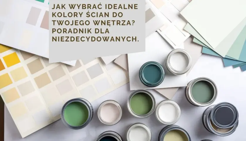Próbki kolorów ścian i puszki z farbami w odcieniach zieleni, błękitu i beżu.