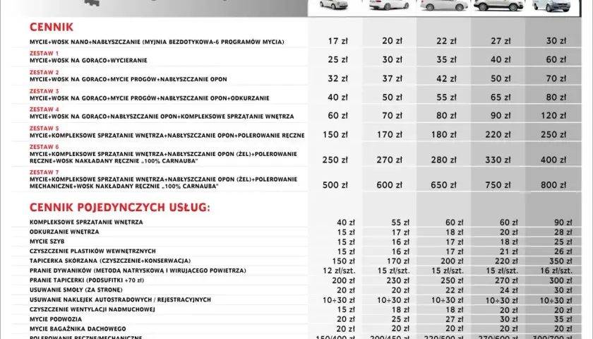 Cennik usług myjni ręcznej Techcar. Sprawdź ceny woskowania i kompleksowego sprzątania aut.