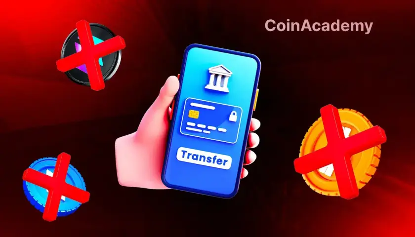 Main d'une personne tenant un smartphone affichant un virement bancaire bloqué. Des symboles de croix rouges sur des pièces suggèrent un problème avec les transactions N26.