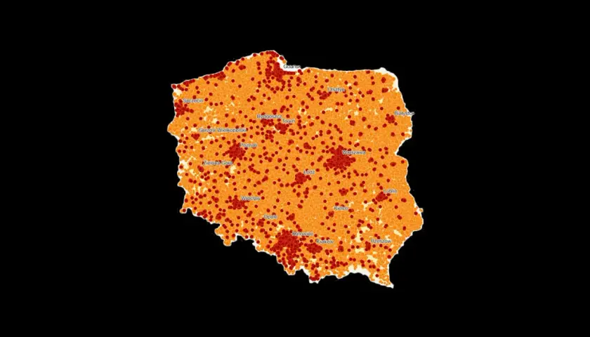 Mapa Polski z zaznaczonymi punktami, wskazującymi zasięg lte bands Poland.