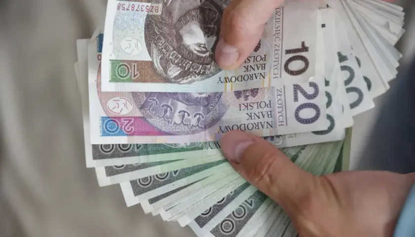 Dłonie trzymają plik polskich banknotów 10, 20 i 100 zł. To wsparcie finansowe, które może być świadczeniem wspierającym dla osób niepełnosprawnych.