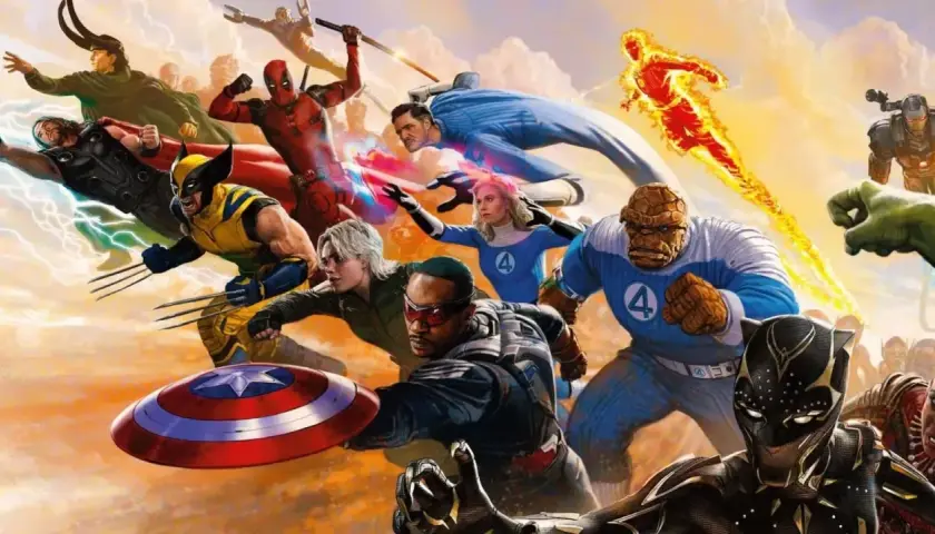 Les héros Marvel, dont les Quatre Fantastiques, se rassemblent pour la phase 6. Thor, Wolverine, Deadpool, Captain America, Black Panther, La Chose, La Torche humaine, Hulk, Loki, et plus encore.