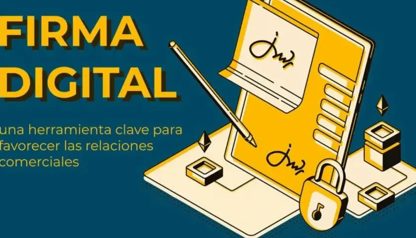 Firma digital: un documento con firma p.p. ejemplo, un candado y un lápiz sobre una tablet.