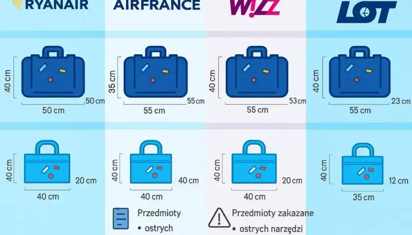 Porównanie wymiarów bagażu podręcznego linii lotniczych: Ryanair, Air France, Wizz Air i LOT. Sprawdź, co możesz zabrać na pokład.