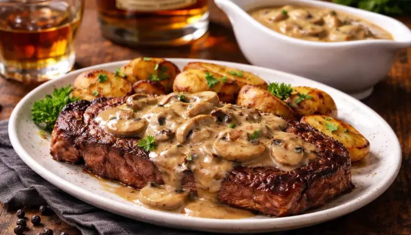 Un steak savoureux nappé d'une sauce crémeuse aux champignons et whisky, accompagné de pommes de terre rôties.