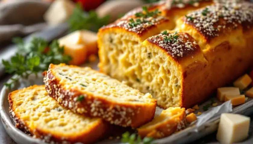 Tranche d'un délicieux base cake salé, garni de persil et de graines. Des dés de fromage et des herbes fraîches complètent cette gourmandise.