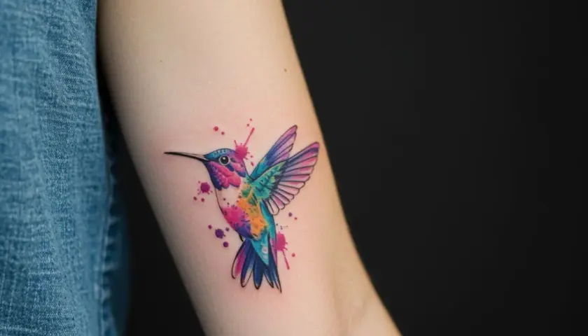 Koliber tattoo small, w akwarelowym stylu, z kolorowymi plamami farby.
