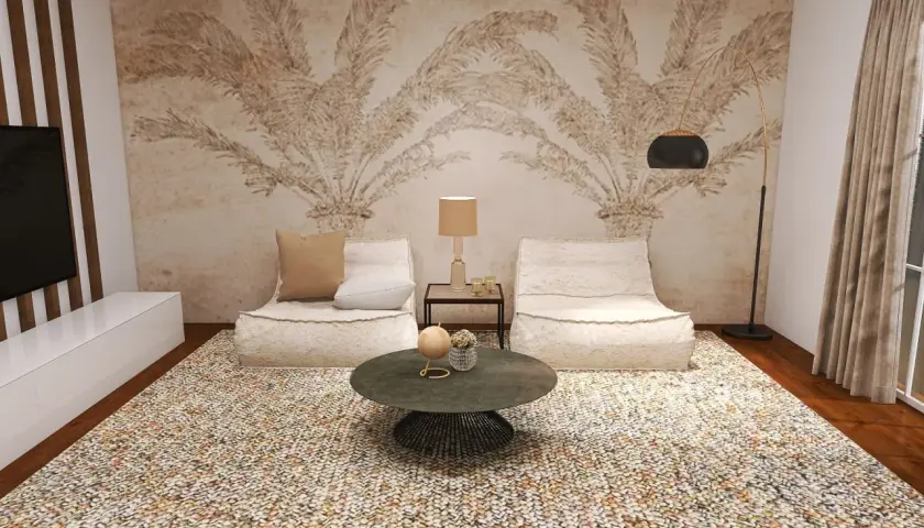 Gemütliche Sitzsäcke und ein runder Couchtisch laden zum puristisch wohnen ein. Die Wandtapete mit Palmenmotiv und der Teppich schaffen eine entspannte Atmosphäre.