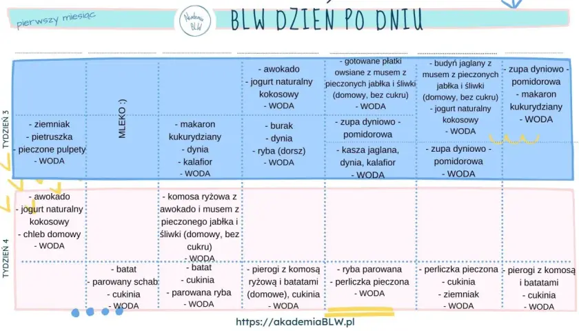 Plan rozszerzania diety niemowlaka: tydzień 3 i 4. Propozycje posiłków z warzyw, owoców, kasz i ryb.