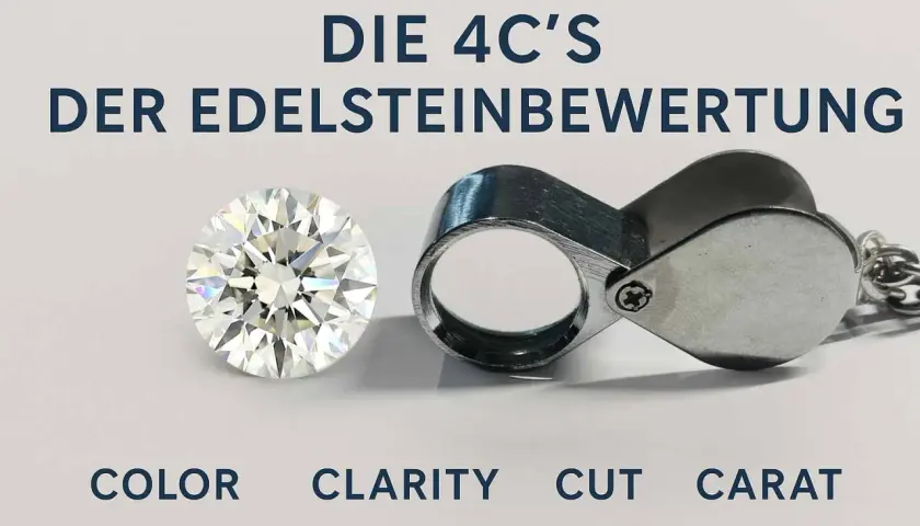 Ein glitzernder Diamant neben einer Lupe, die die 4C's der Edelsteinbewertung erklärt. Der Wert eines 40 Karat Diamanten hängt von diesen Faktoren ab.