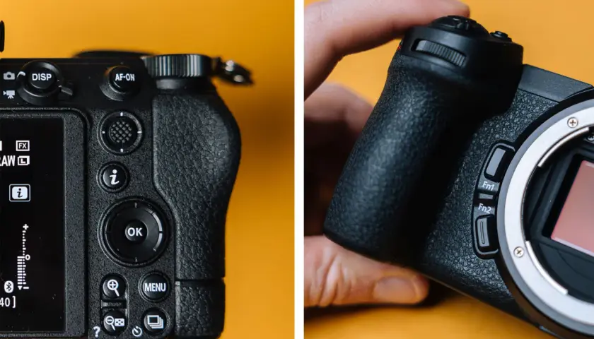 Zbliżenie na aparat Nikon Z6 II podczas testu. Widoczne przyciski sterujące, ekran LCD i uchwyt aparatu.