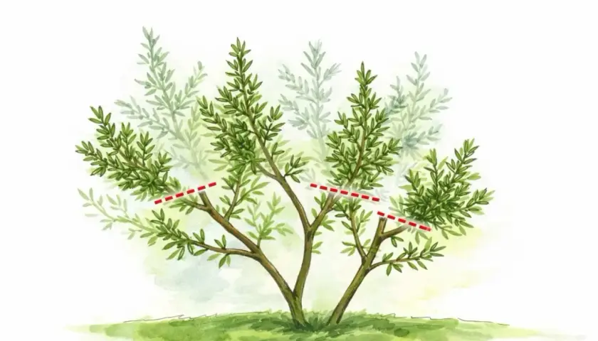 Illustration zeigt, wann Rosmarin schneiden. Rote Linien markieren die Schnittstellen an den Zweigen eines buschigen Rosmarinstrauchs.