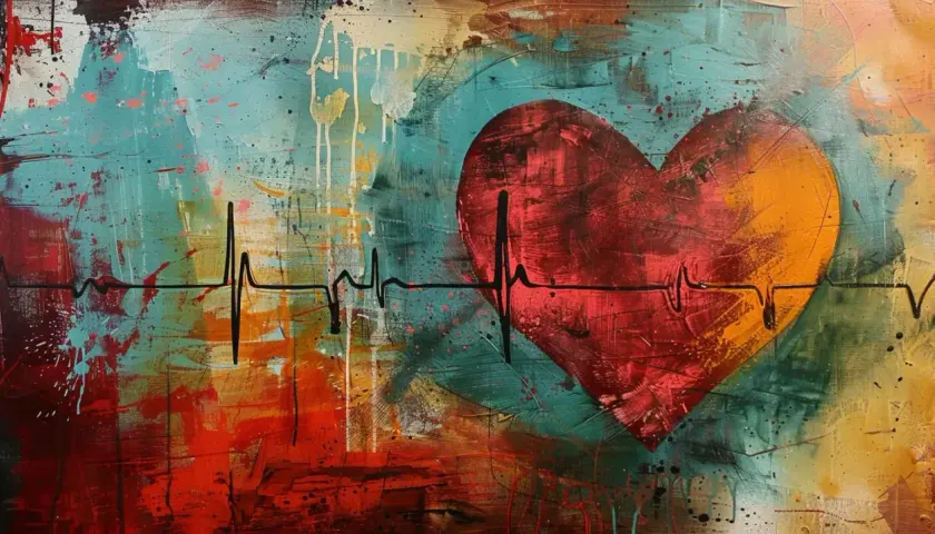 Abstrakcyjne serce z linią EKG, symbolizujące arytmię serca. Tło pełne kolorowych plam i smug.