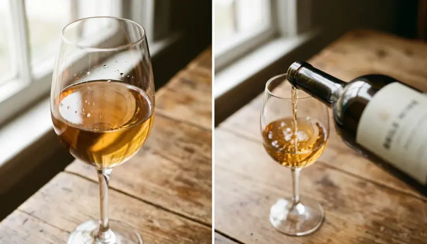 Ein Glas Wein steht auf einem Holztisch. Daneben wird Wein aus einer Flasche in ein Glas gegossen. Der Wein hat eine goldene Farbe, und man sieht kleine Bläschen, die auf den geringen Gehalt an Sulfite im Wein hindeuten könnten.