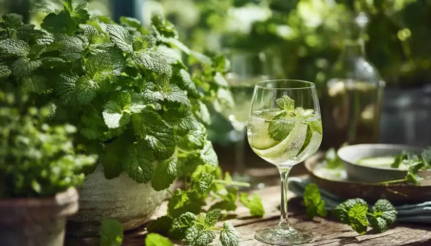 En uppfriskande drink med gurka och mynta, perfekt för ett citronmeliss recept. Gröna blad och en flaska i bakgrunden.