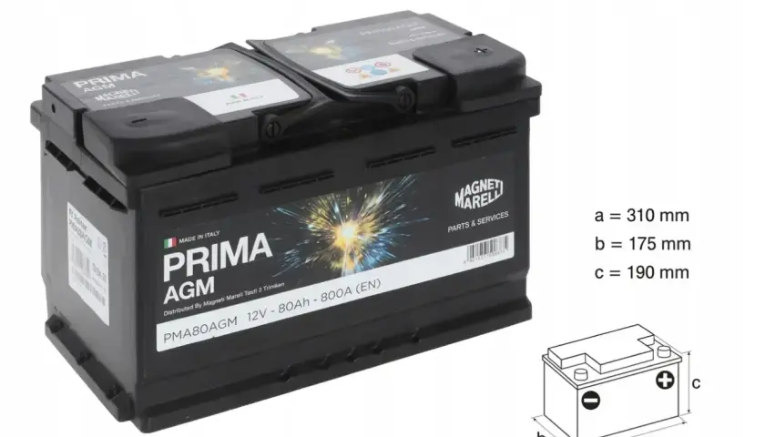 Akumulator Prima AGM 12V-80Ah, idealny do Opla Vivaro 2.0 CDTI. Wymiary: 310x175x190 mm.