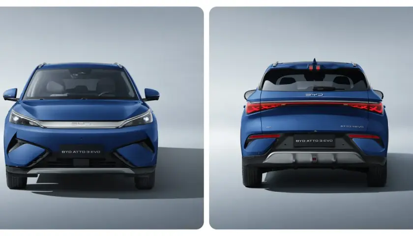Dwa ujęcia niebieskiego BYD ATTO 3 EVO: przód i tył. Elegancki SUV z nowoczesnym designem.