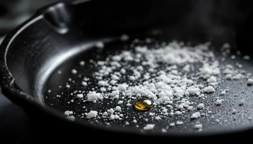 Une cocotte brulée, avec une goutte d'huile dorée au milieu d'une poudre blanche.