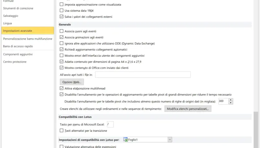 Finestra "Opzioni di Excel" con "Impostazioni avanzate" selezionate. Si vedono opzioni per il calcolo, la compatibilità con Lotus e altre impostazioni generali.