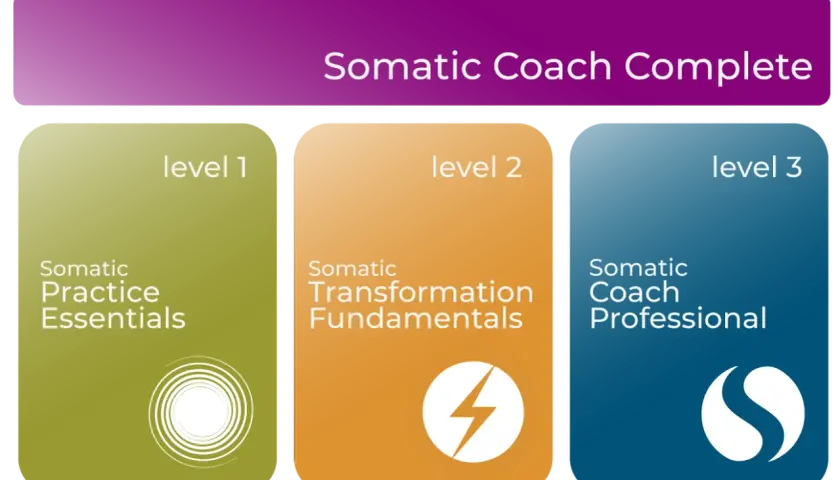 Somatic Coach Complete program outlines three levels: Somatic Practice Essentials, Somatic Transformation Fundamentals, and Somatic Coach Professional, for somatic coaching certification.
