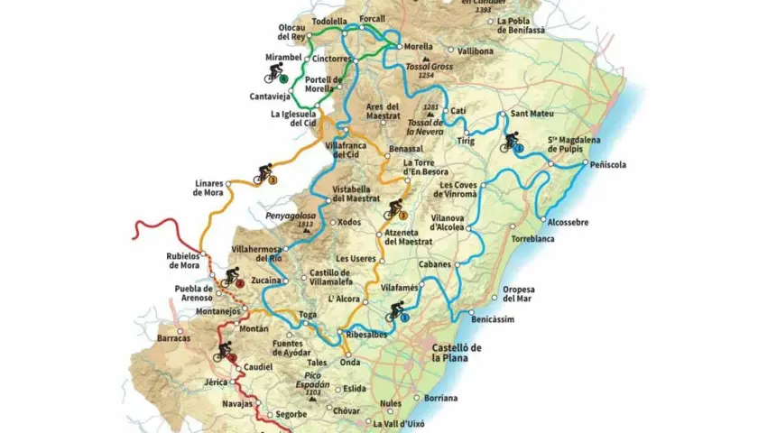 Mapa del **camino del Cid en bici** por el Maestrazgo y la costa. Rutas ciclistas señalizadas con iconos de ciclistas.