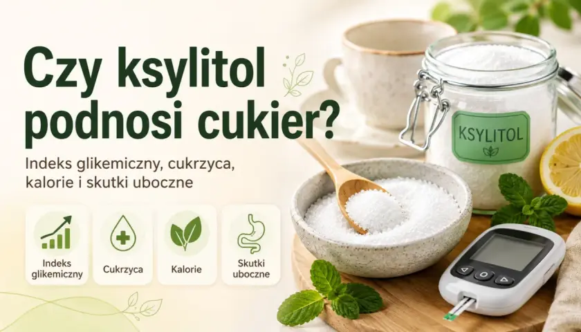 Słoik ksylitolu, miska z ksylitolem, cytryna, mięta i glukometr.