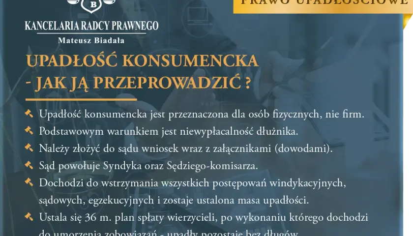Grafika przedstawia nagłówek "Upadłość konsumencka - jak ją przeprowadzić?" na tle dłoni trzymającej tablet.