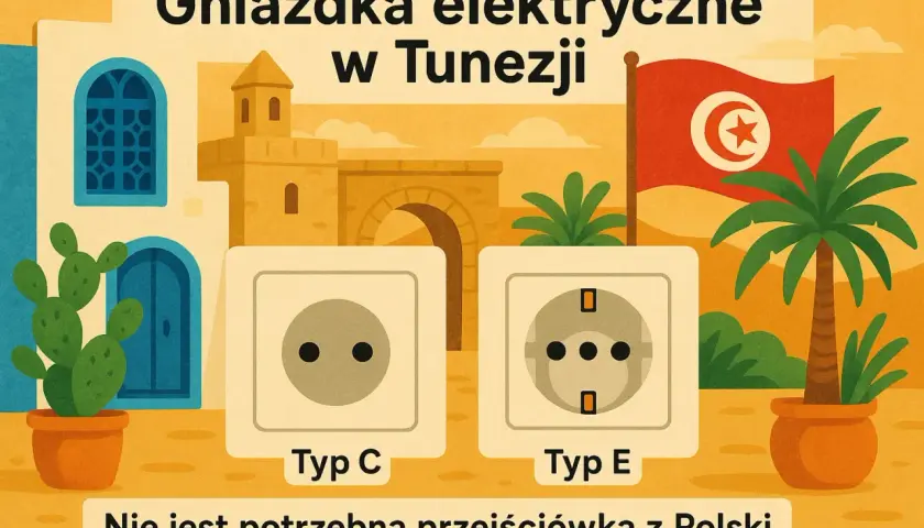 Ilustracja przedstawia dwa typy gniazdek elektrycznych (Typ C i Typ E) na tle tunezyjskiego krajobrazu z flagą Tunezji.