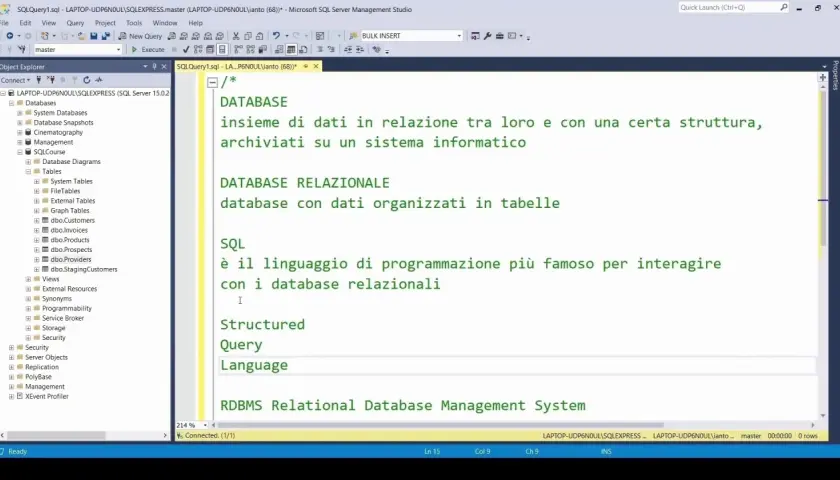 SQL: linguaggio per interagire con database relazionali. Definisce database e database relazionale. RDBMS.