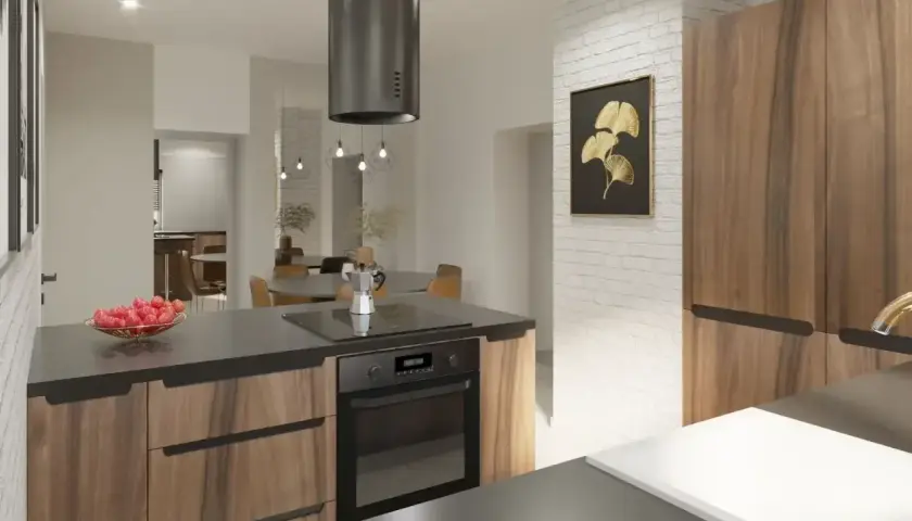 Nowoczesna kuchnia z wyspą. Ciemny blat laminowany, drewniane fronty szafek. Jakim środkiem wyczyścić blat kuchenny laminowany, by lśnił?