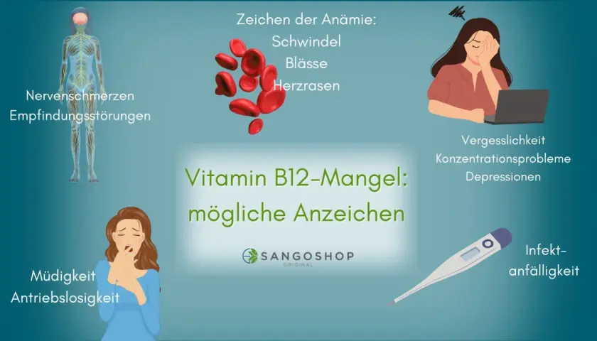 Vitamin B12-Mangel: Mögliche Anzeichen wie Müdigkeit, Nervenschmerzen, Vergesslichkeit und Infektanfälligkeit. Augen sind nicht direkt aufgeführt, aber Symptome können indirekt die Sehkraft beeinflussen.