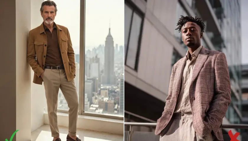 Hombre mayor con chaqueta y pantalón beige, y hombre joven con traje a cuadros. Ambos lucen un atuendo elegante y moderno.