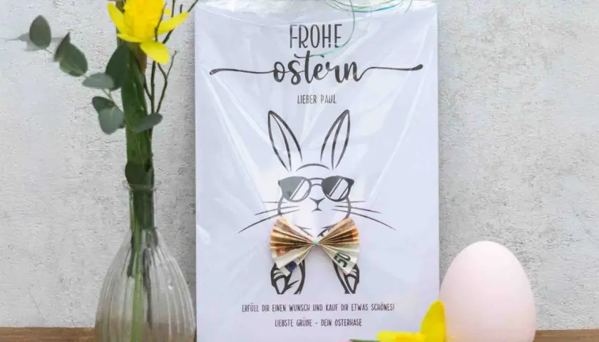Witzige Ostergeschenke basteln: Ein cooler Hase mit Sonnenbrille und Fliege aus Geldscheinen. Frohe Ostern, lieber Paul!