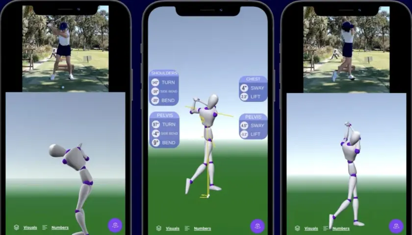 Tre iPhones visar en golfanalysapp. En visar en riktig golfare, en annan en 3D-modell med siffror för en perfekt golfsving.