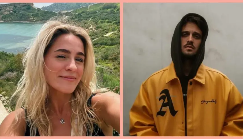 Uśmiechnięta blondynka na tle morza i wzgórz, obok mężczyzna w żółtej kurtce z napisem "gibbs róż tekst".