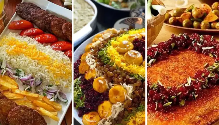 En härlig kompott av persisk mat: grillspett med ris, en färgglad risrätt med frukt och nötter, samt en söt dessert.