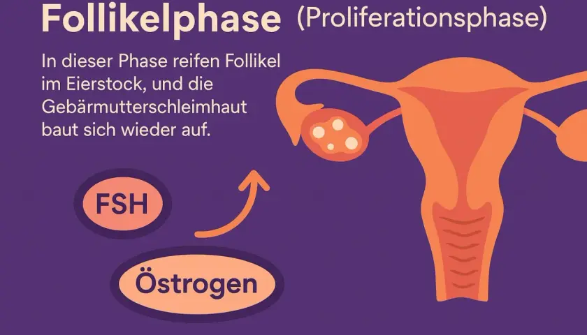 Follikelphase: FSH stimuliert Östrogen, was die Gebärmutterschleimhaut aufbaut.