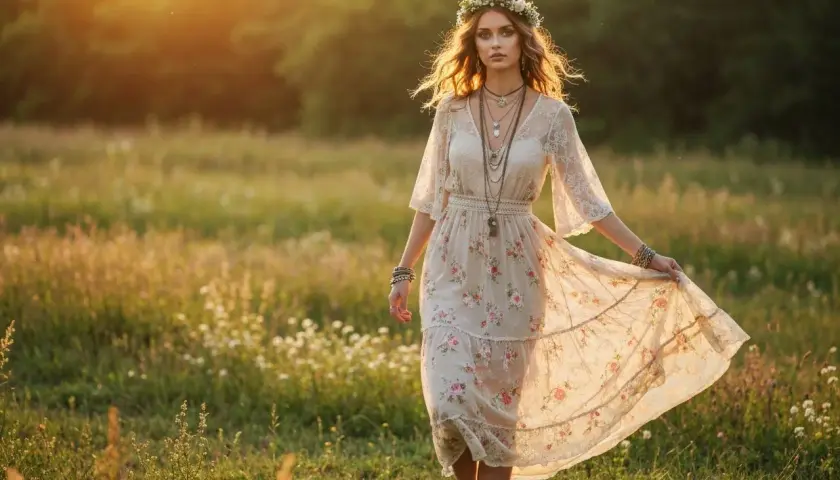 Kobieta w kwiecistej sukience i wianku na głowie, idealna stylizacja boho na wesele, spaceruje po łące w złotym świetle zachodzącego słońca.