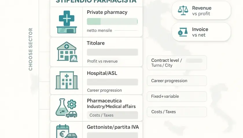 Stipendio dirigente farmacista ospedaliero: confronto tra settori (farmacia privata, titolare, ospedale/ASL, industria farmaceutica, partita IVA) e fattori che influenzano il guadagno.