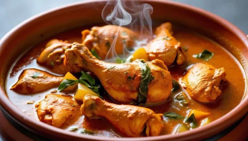 Un plat fumant de colombo de poulet, avec des morceaux de poulet dorés et des pommes de terre dans une sauce épicée.