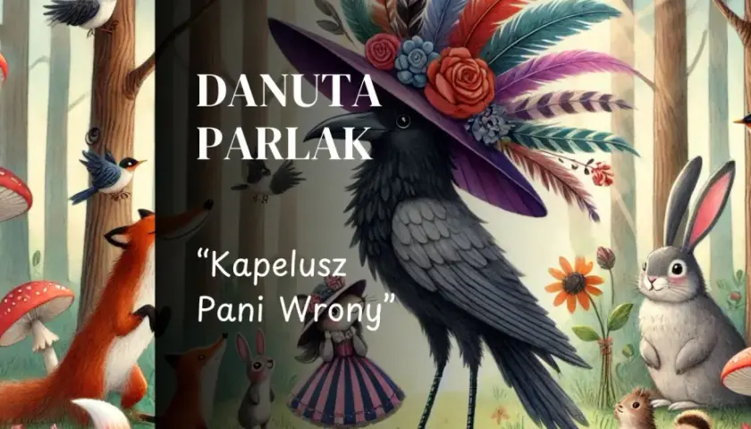 Ilustracja leśna z wroną w ozdobnym kapeluszu, lisem, królikiem, grzybami i ptakami.