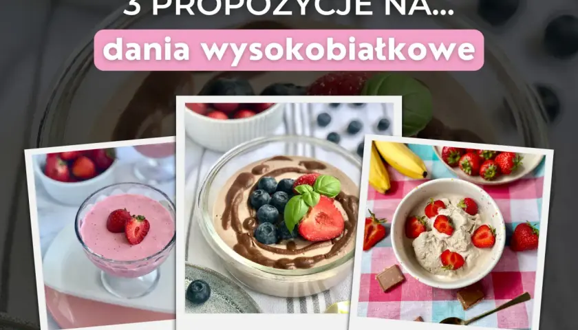 3 propozycje na pyszne dania wysokobiałkowe: mus truskawkowy, deser czekoladowy z owocami i lody z truskawkami. Idealne przepisy na dietę białkową.