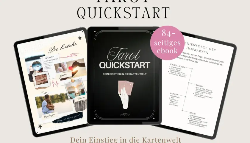 Ebook "Tarot Quickstart" z instrukcjami, jak wróżyć z kart. Na ekranach tabletów widoczne są grafiki i teksty dotyczące tarota.