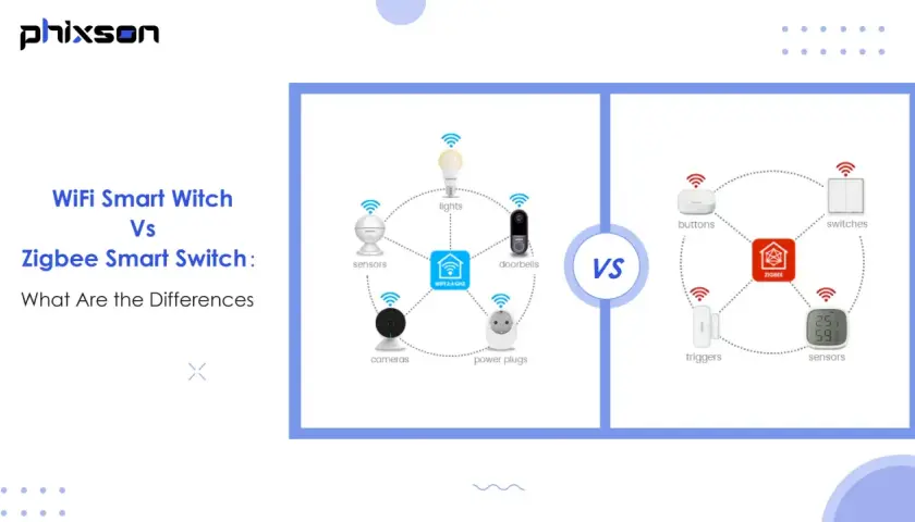 Diagrama comparativo de sistemas de hogar inteligente: uno usa WiFi para luces, cámaras y enchufes; el otro usa Zigbee para botones, interruptores y sensores.