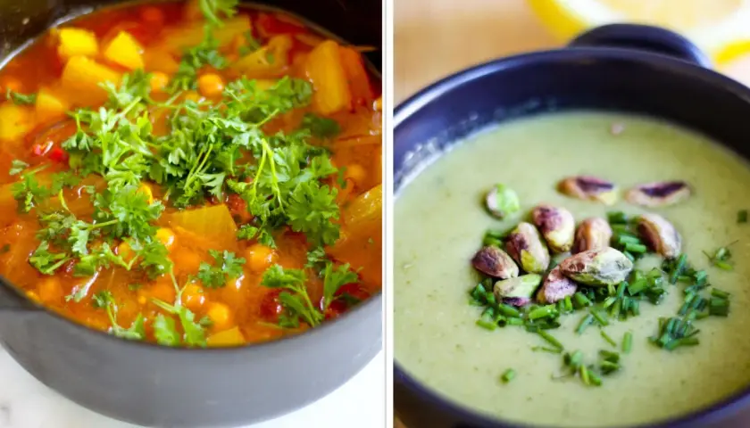Två läckra vegetariska recept: en mustig gryta med kikärtor och grönsaker, toppad med persilja, och en krämig grön soppa med pistagenötter och gräslök.