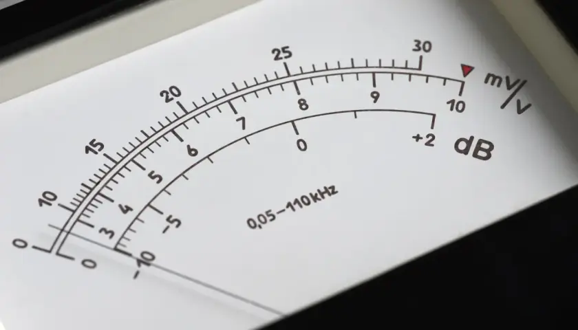 Wskaźnik miernika pokazuje poziom dźwięku w decybelach (dB). Skala obejmuje wartości od -10 do 30 dB, z dodatkowymi oznaczeniami mV/V.