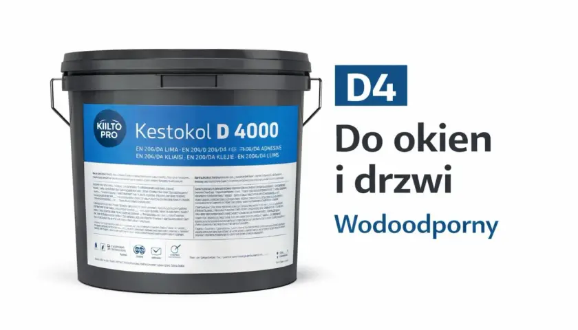 Wiadro z klejem do drewna na zewnątrz Kestokol D 4000, klasa D4, wodoodporny, idealny do okien i drzwi.