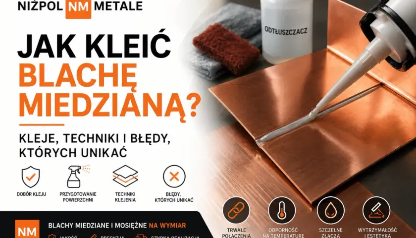 Aplikator z klejem nakłada spoinę na miedziane blachy. W tle butelka odtłuszczacza i materiały do przygotowania powierzchni. Prąd spawania nie jest widoczny, ale klejenie jest alternatywą.